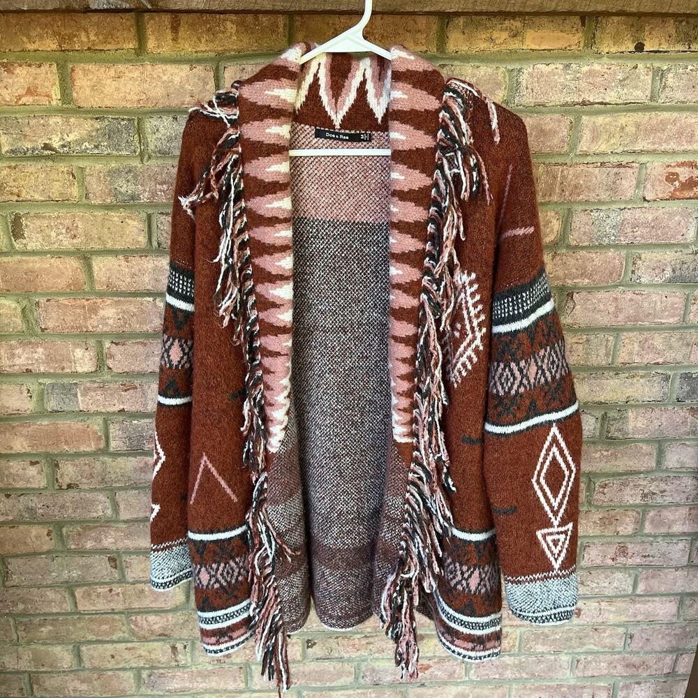 Boho Fringe Knit Cardigan Sweater - Rust Pink